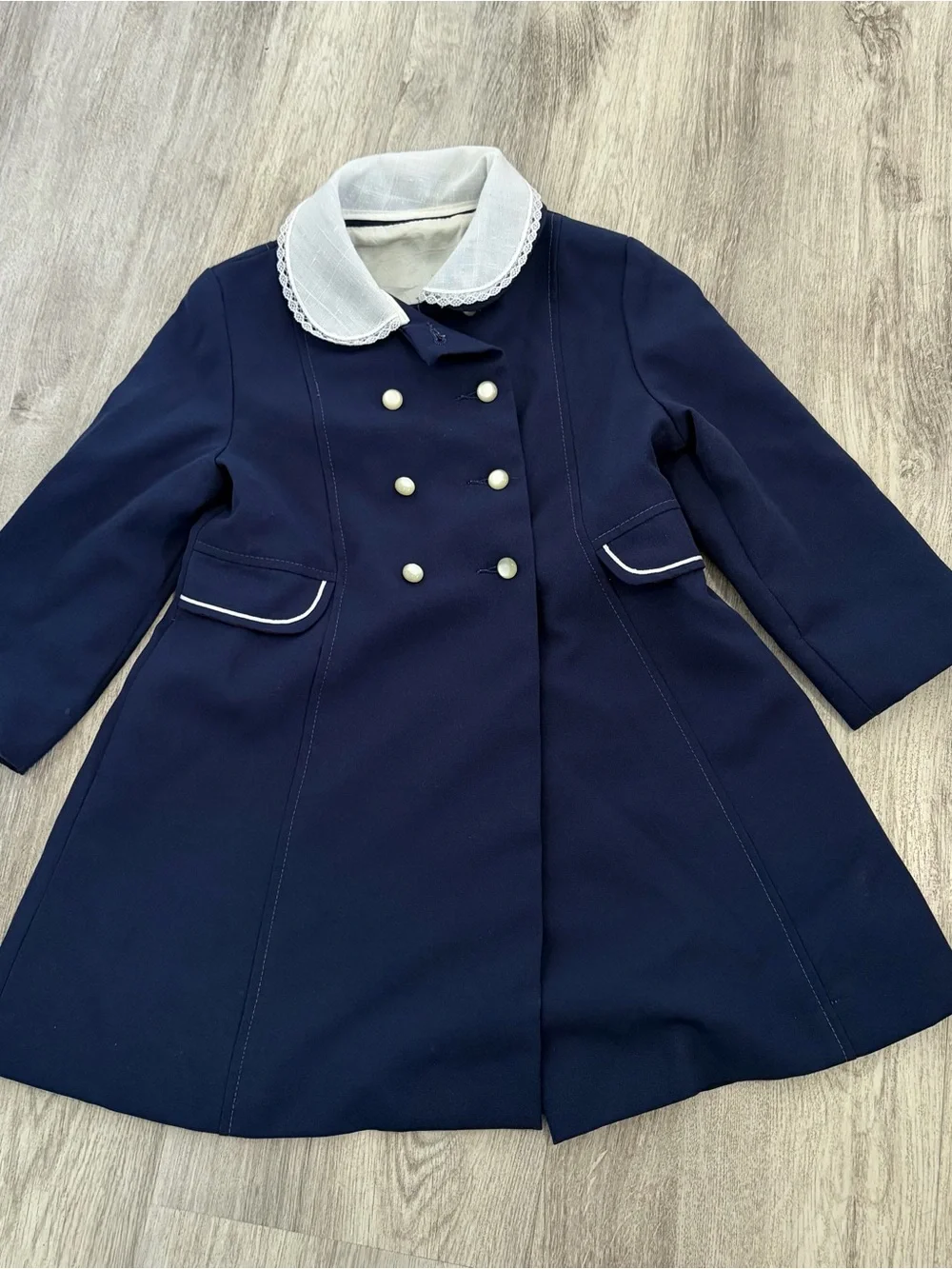 VTG Girls Over Coat Lace Trim Collar Pearl Button Sailor Nautical Navy Size 4